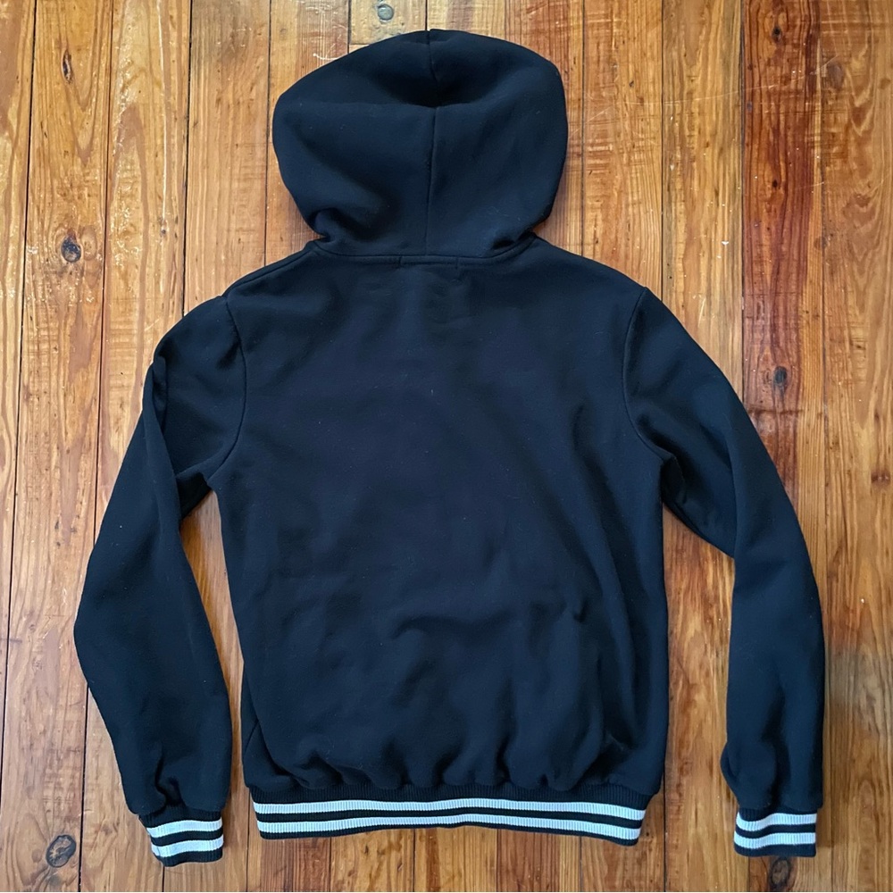 Womens Black Hooded Button Up Varsity Jacket - Picture 2 of 4
